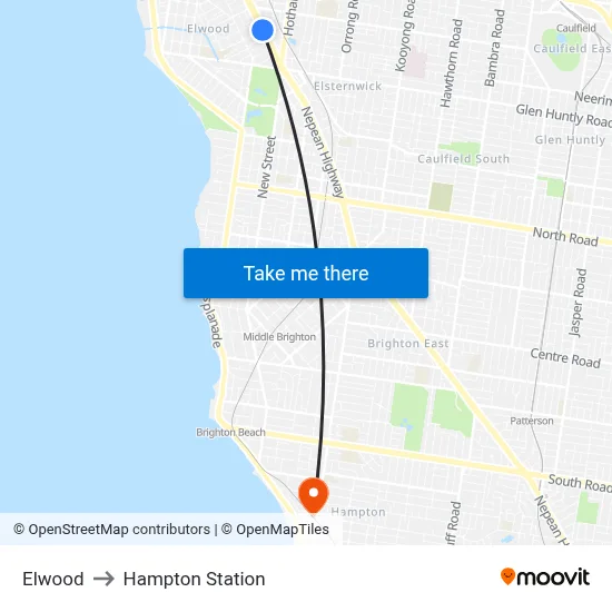 Elwood to Hampton Station map
