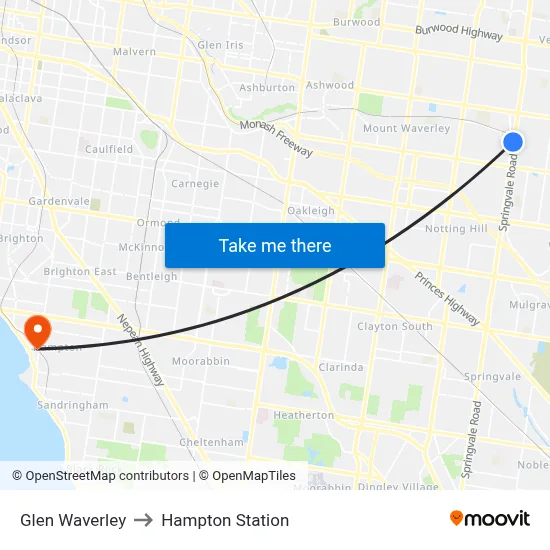Glen Waverley to Hampton Station map