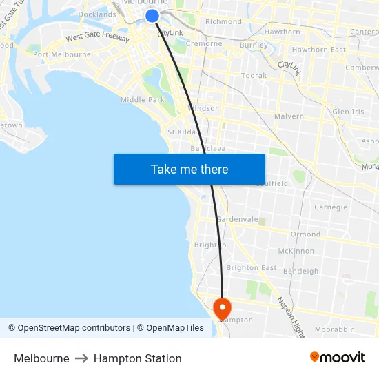 Melbourne to Hampton Station map