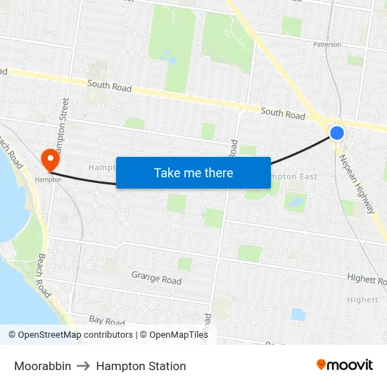 Moorabbin to Hampton Station map