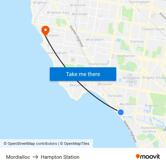 Mordialloc to Hampton Station map