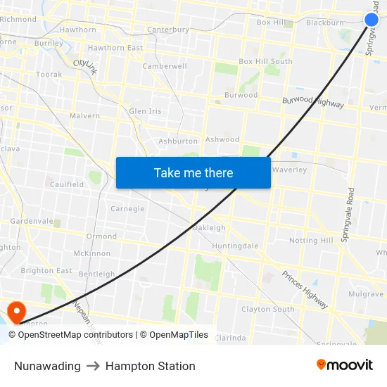Nunawading to Hampton Station map