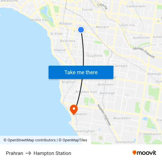 Prahran to Hampton Station map