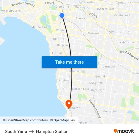 South Yarra to Hampton Station map