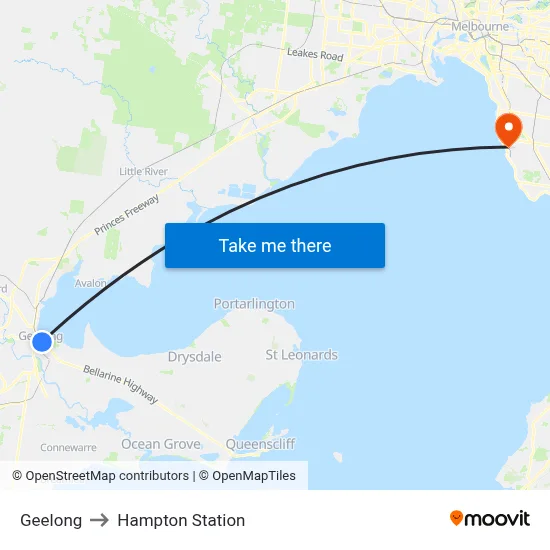 Geelong to Hampton Station map
