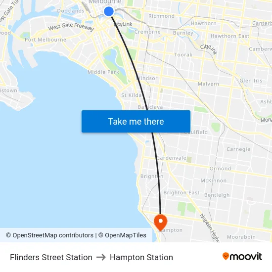 Flinders Street Station to Hampton Station map