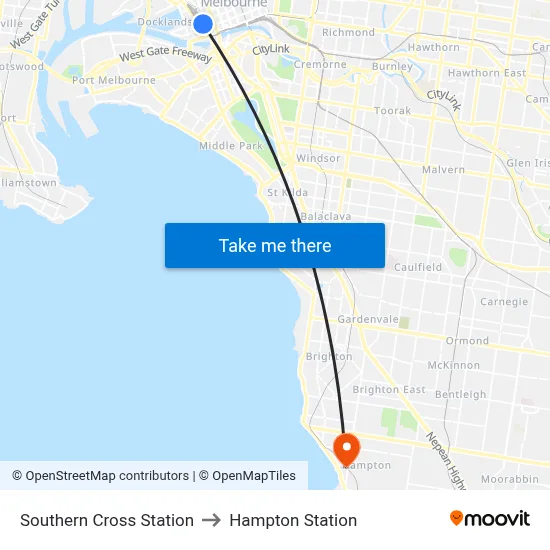Southern Cross Station to Hampton Station map