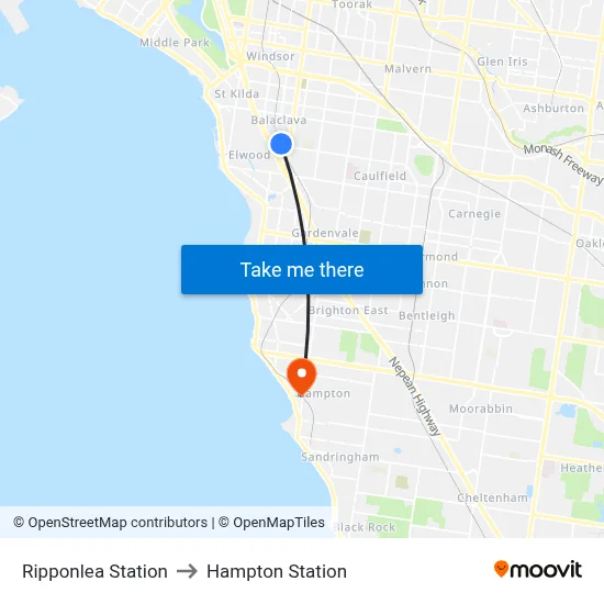 Ripponlea Station to Hampton Station map