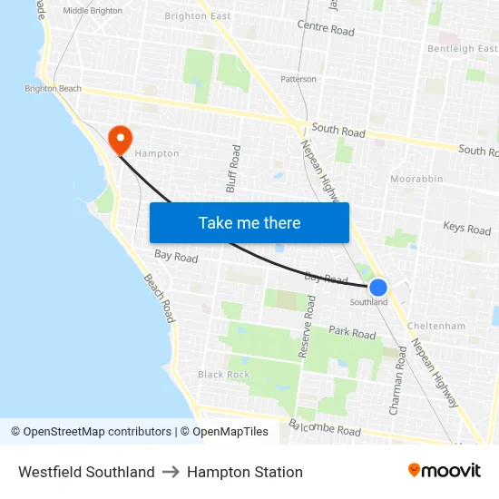 Westfield Southland to Hampton Station map
