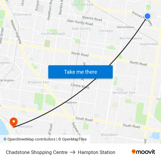 Chadstone Shopping Centre to Hampton Station map