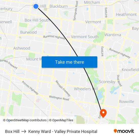 Box Hill to Kenny Ward - Valley Private Hospital map