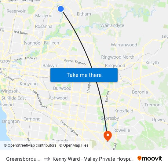 Greensborough to Kenny Ward - Valley Private Hospital map