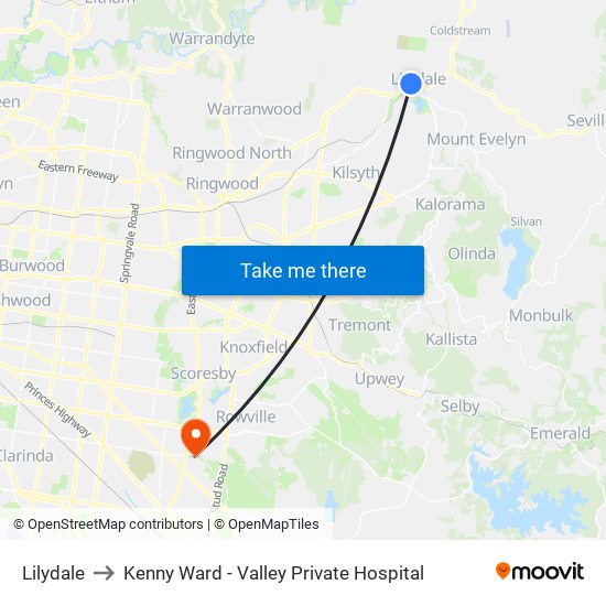 Lilydale to Kenny Ward - Valley Private Hospital map