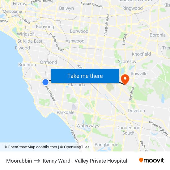 Moorabbin to Kenny Ward - Valley Private Hospital map
