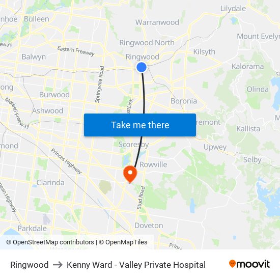 Ringwood to Kenny Ward - Valley Private Hospital map