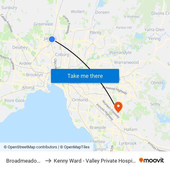 Broadmeadows to Kenny Ward - Valley Private Hospital map