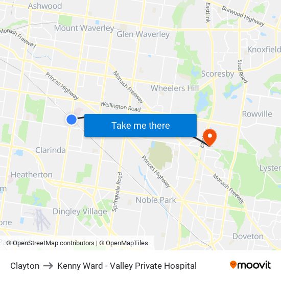 Clayton to Kenny Ward - Valley Private Hospital map