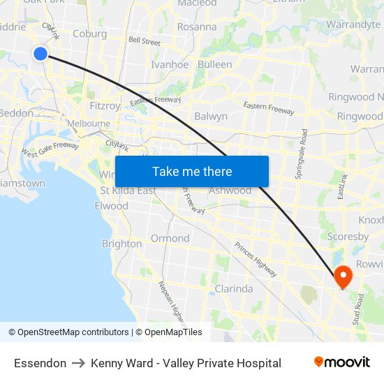 Essendon to Kenny Ward - Valley Private Hospital map