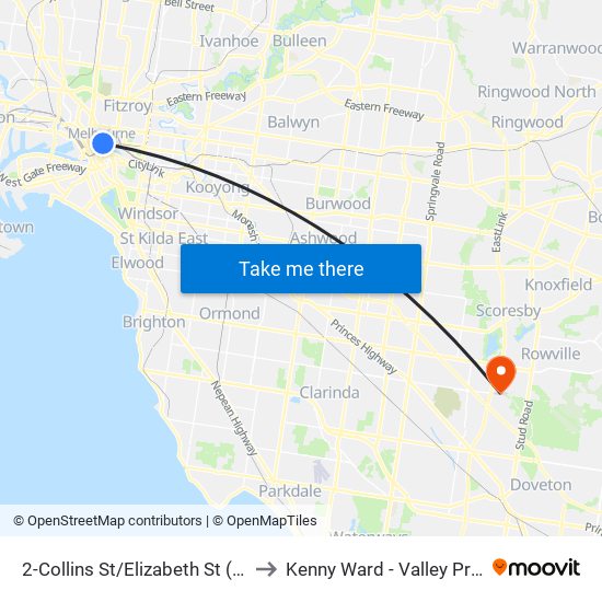 2-Collins St/Elizabeth St (Melbourne City) to Kenny Ward - Valley Private Hospital map