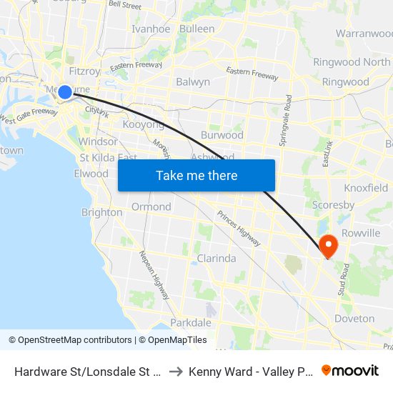 Hardware St/Lonsdale St (Melbourne City) to Kenny Ward - Valley Private Hospital map