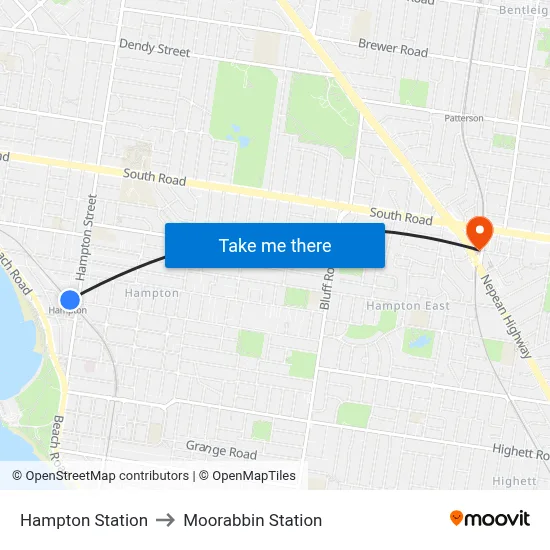 Hampton Station to Moorabbin Station map