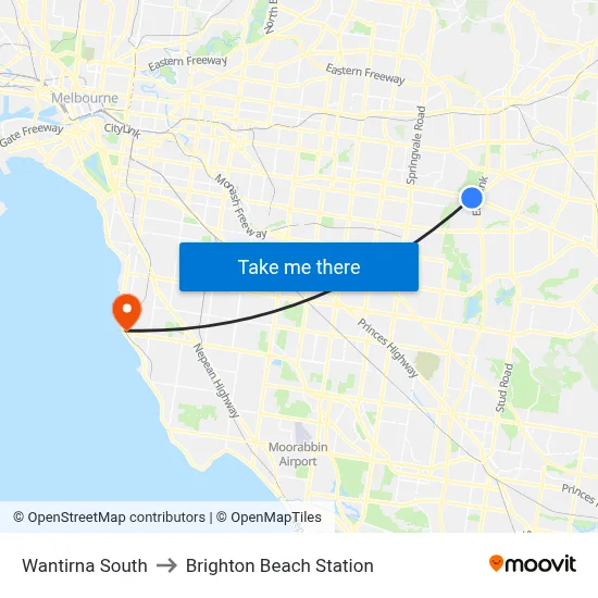 Wantirna South to Brighton Beach Station map