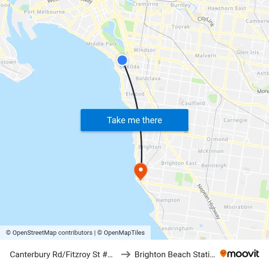 Canterbury Rd/Fitzroy St #133 to Brighton Beach Station map