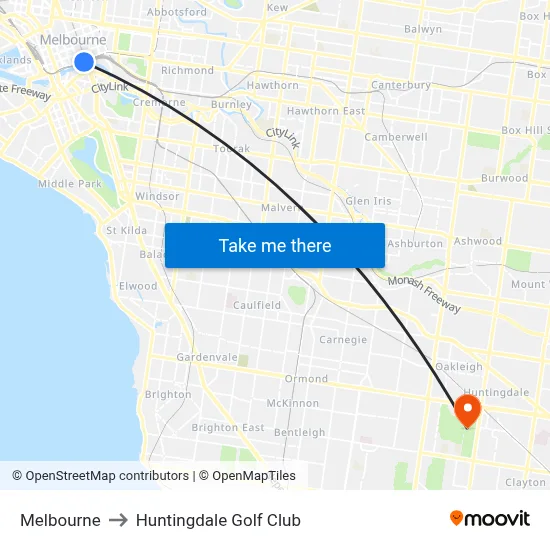 Melbourne to Huntingdale Golf Club map