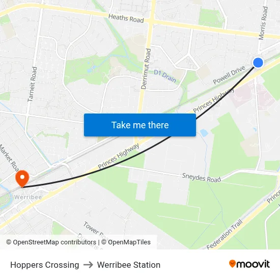 Hoppers Crossing to Werribee Station map
