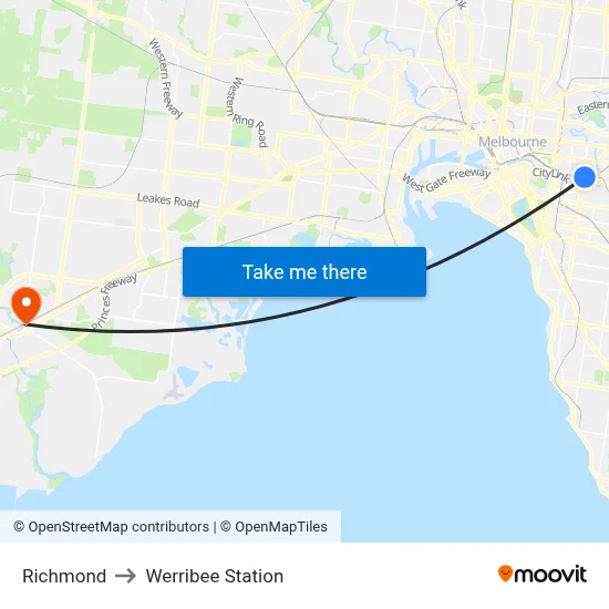 Richmond to Werribee Station map
