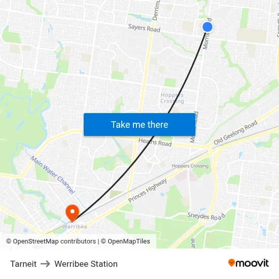 Tarneit to Werribee Station map