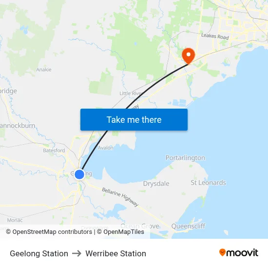 Geelong Station to Werribee Station map