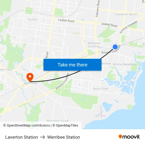Laverton Station to Werribee Station map