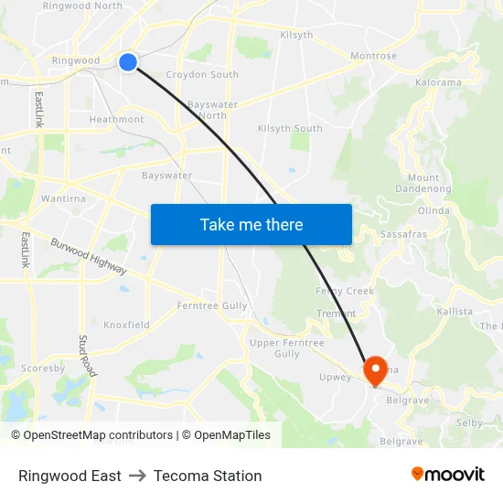Ringwood East to Tecoma Station map