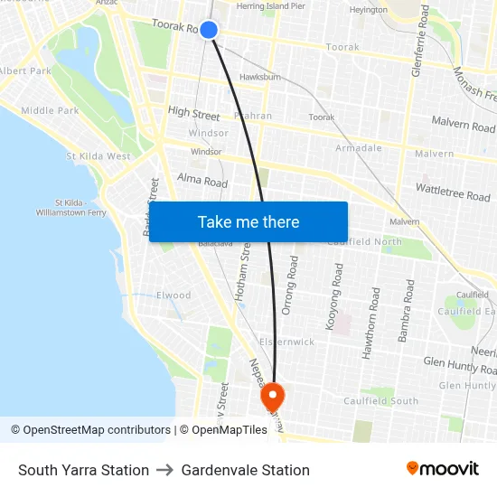 South Yarra Station to Gardenvale Station map