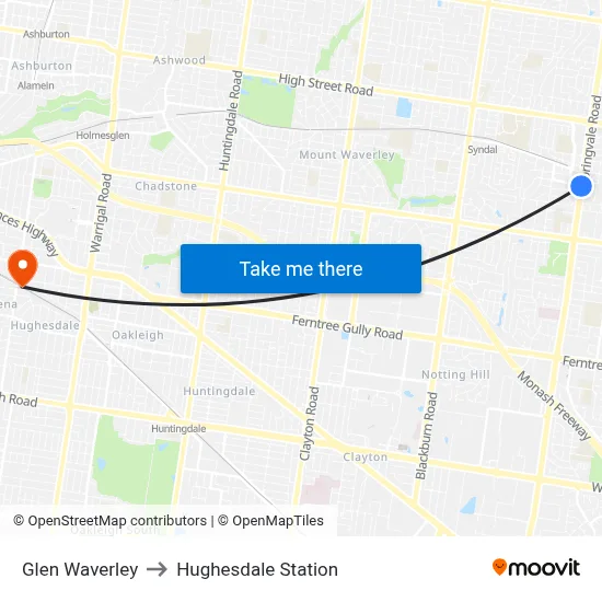 Glen Waverley to Hughesdale Station map