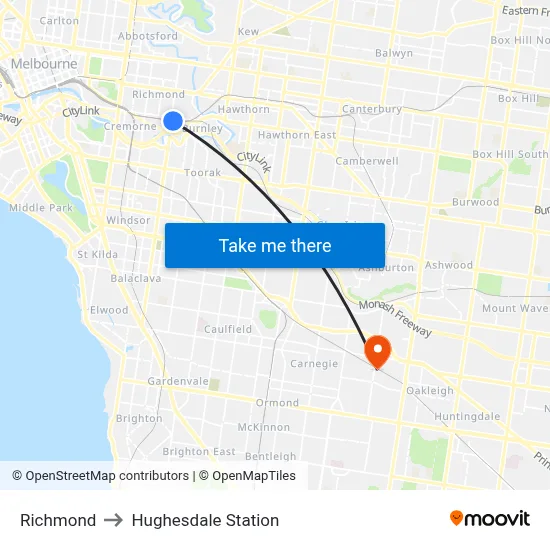 Richmond to Hughesdale Station map