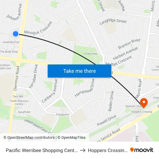 Pacific Werribee Shopping Centre/Derrimut Rd to Hoppers Crossing Station map