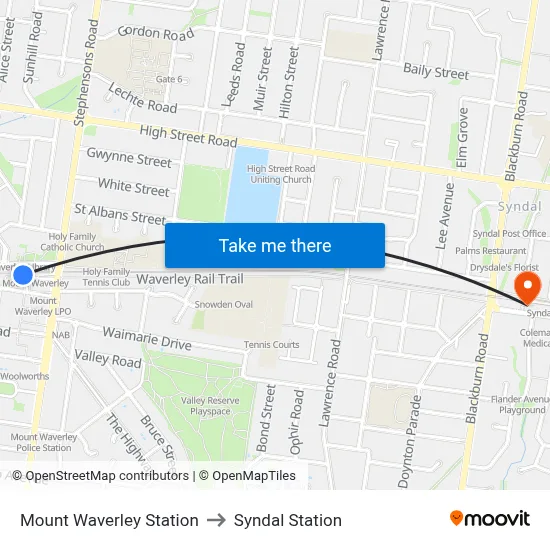 Mount Waverley Station to Syndal Station map