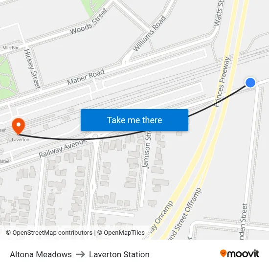 Altona Meadows to Laverton Station map