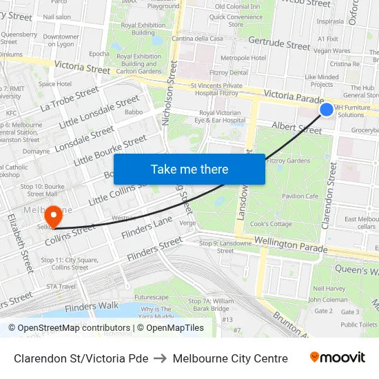 Clarendon St/Victoria Pde to Melbourne City Centre map