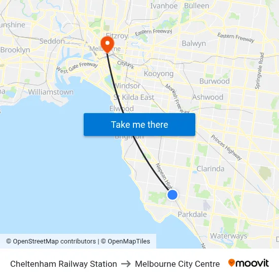 Cheltenham Railway Station to Melbourne City Centre map