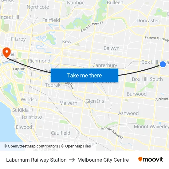 Laburnum Railway Station to Melbourne City Centre map