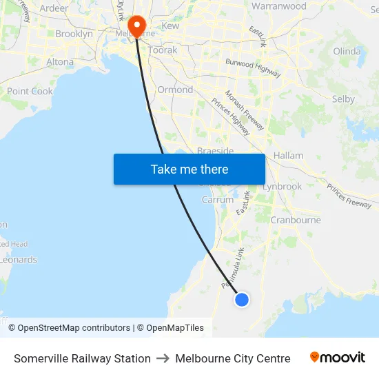 Somerville Railway Station to Melbourne City Centre map