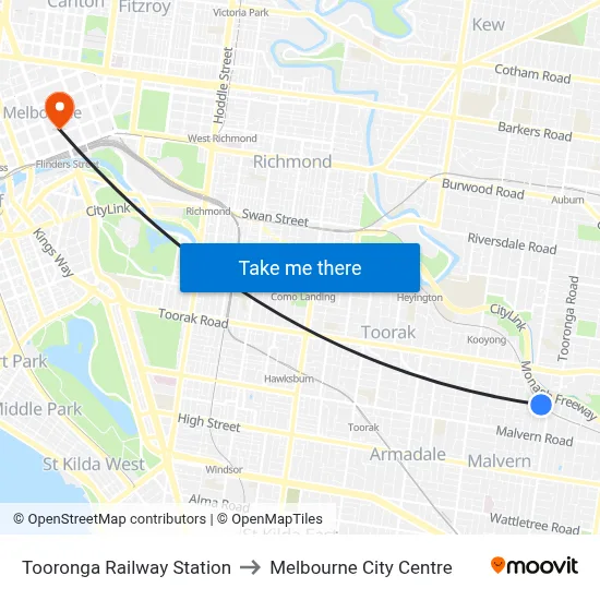 Tooronga Railway Station to Melbourne City Centre map