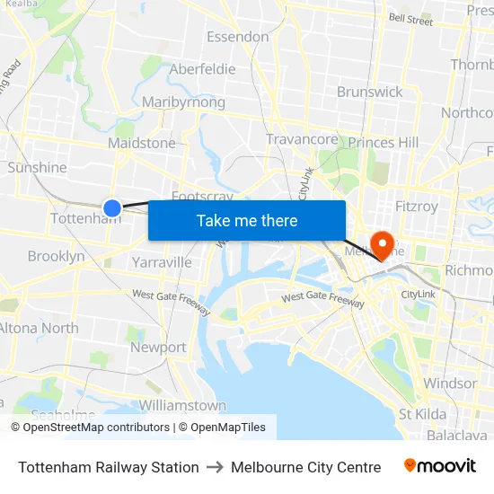 Tottenham Railway Station to Melbourne City Centre map
