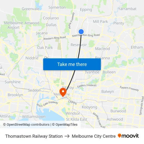 Thomastown Railway Station to Melbourne City Centre map