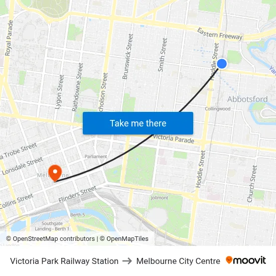 Victoria Park Railway Station to Melbourne City Centre map