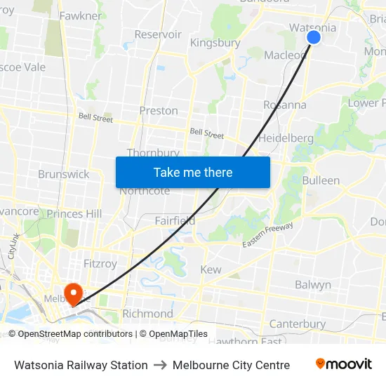 Watsonia Railway Station to Melbourne City Centre map