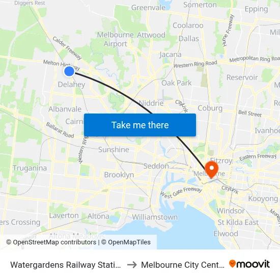 Watergardens Railway Station to Melbourne City Centre map